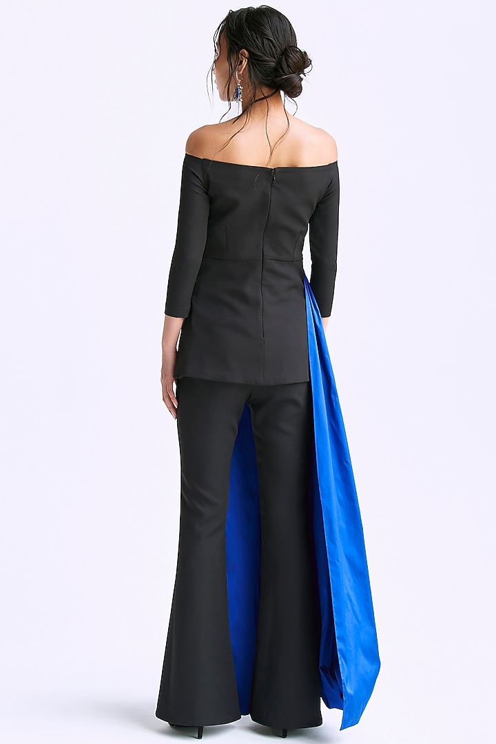 Black & Electric Blue Taffeta Draped Co-Ord Set by Manika Nanda at Pernia's Pop Up Shop