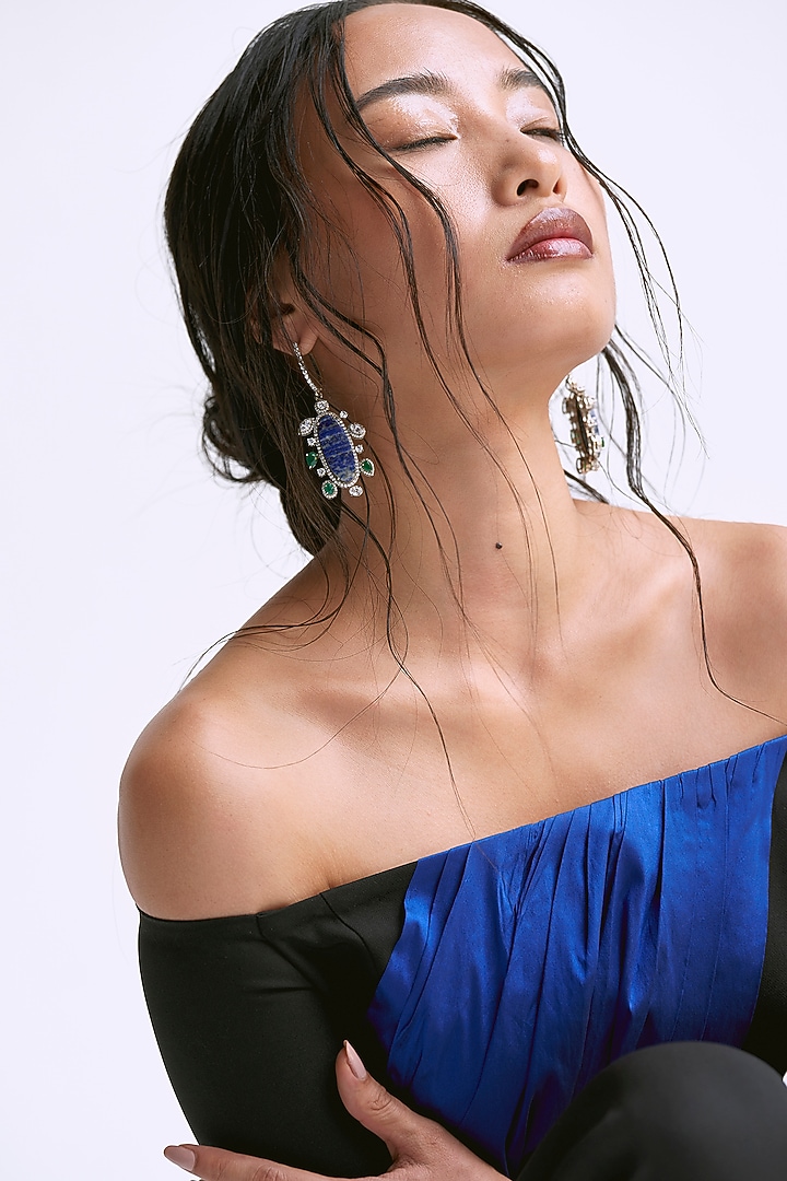 Black & Electric Blue Taffeta Draped Co-Ord Set by Manika Nanda at Pernia's Pop Up Shop