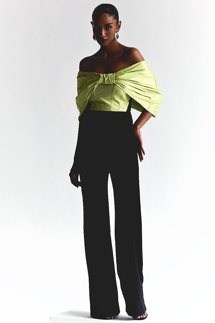 Soft Lime Green & Black Taffeta Off-Shoulder Jumpsuit by Manika Nanda at Pernia's Pop Up Shop