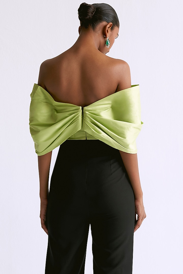 Soft Lime Green & Black Taffeta Off-Shoulder Jumpsuit by Manika Nanda at Pernia's Pop Up Shop