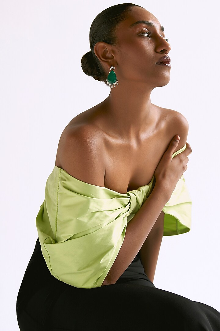 Soft Lime Green & Black Taffeta Off-Shoulder Jumpsuit by Manika Nanda at Pernia's Pop Up Shop
