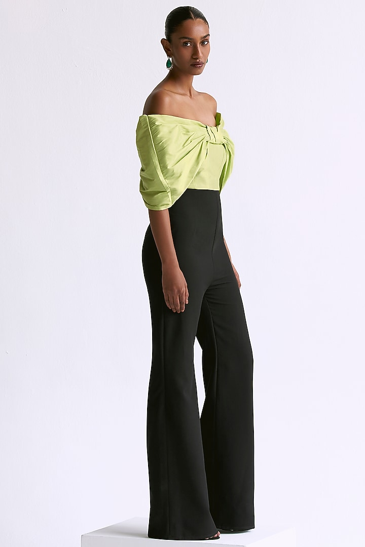 Soft Lime Green & Black Taffeta Off-Shoulder Jumpsuit by Manika Nanda at Pernia's Pop Up Shop