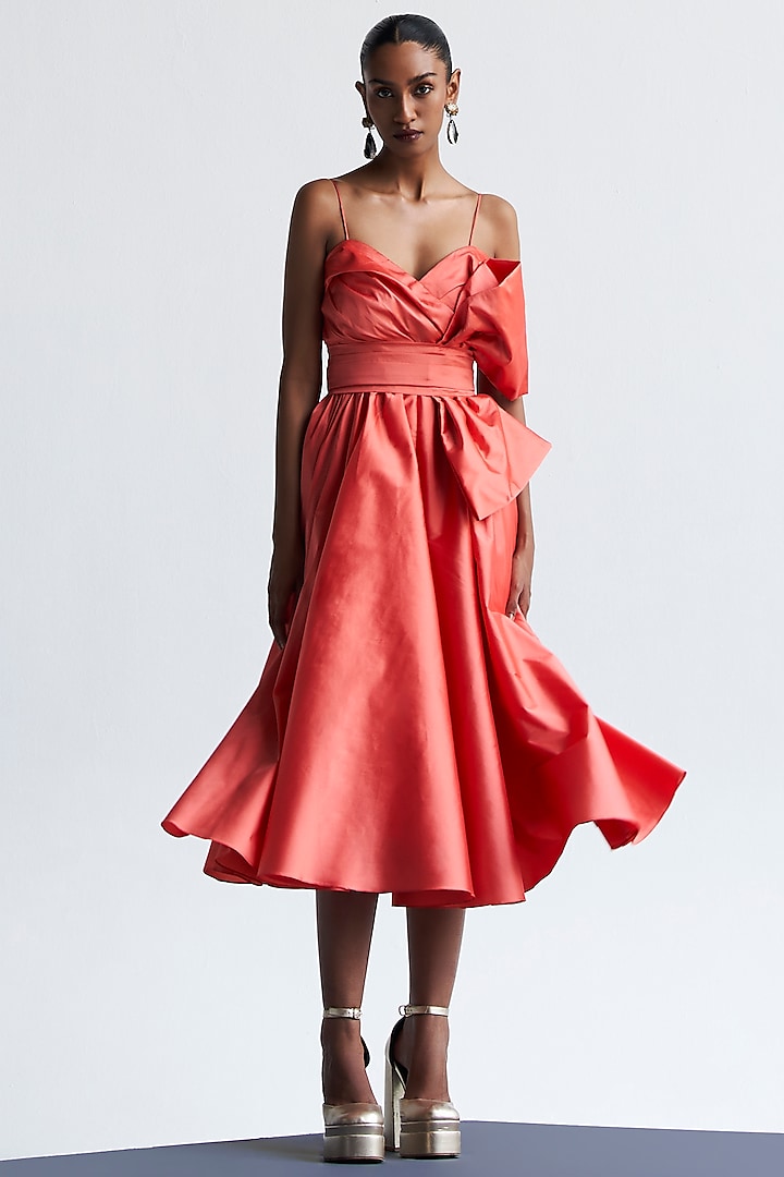 Peach Taffeta Midi Dress With Bow Belt by Manika Nanda at Pernia's Pop Up Shop