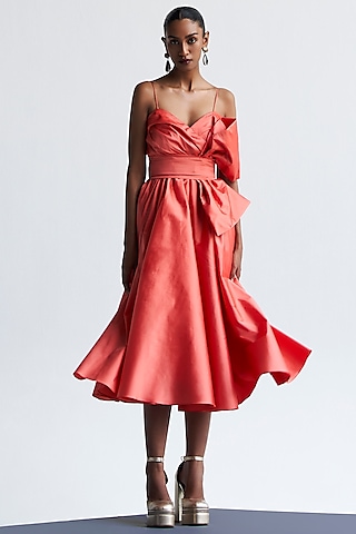 Peach Taffeta Midi Dress With Bow Belt by Manika Nanda