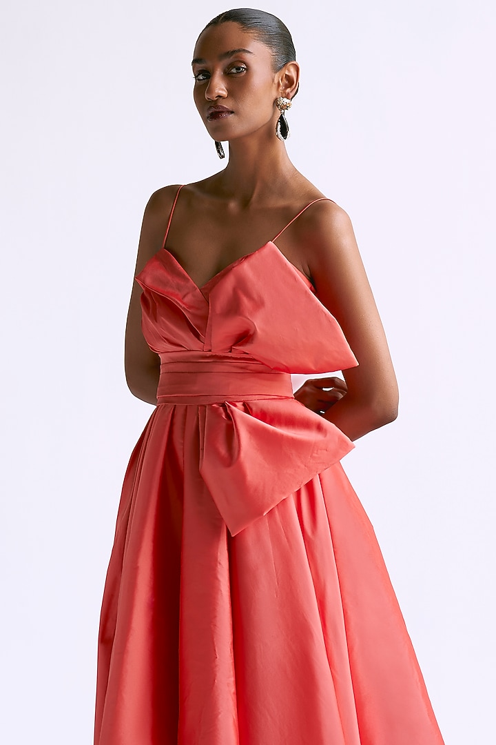 Peach Taffeta Midi Vacation Dress With Bow Belt by Manika Nanda at Pernia's Pop Up Shop