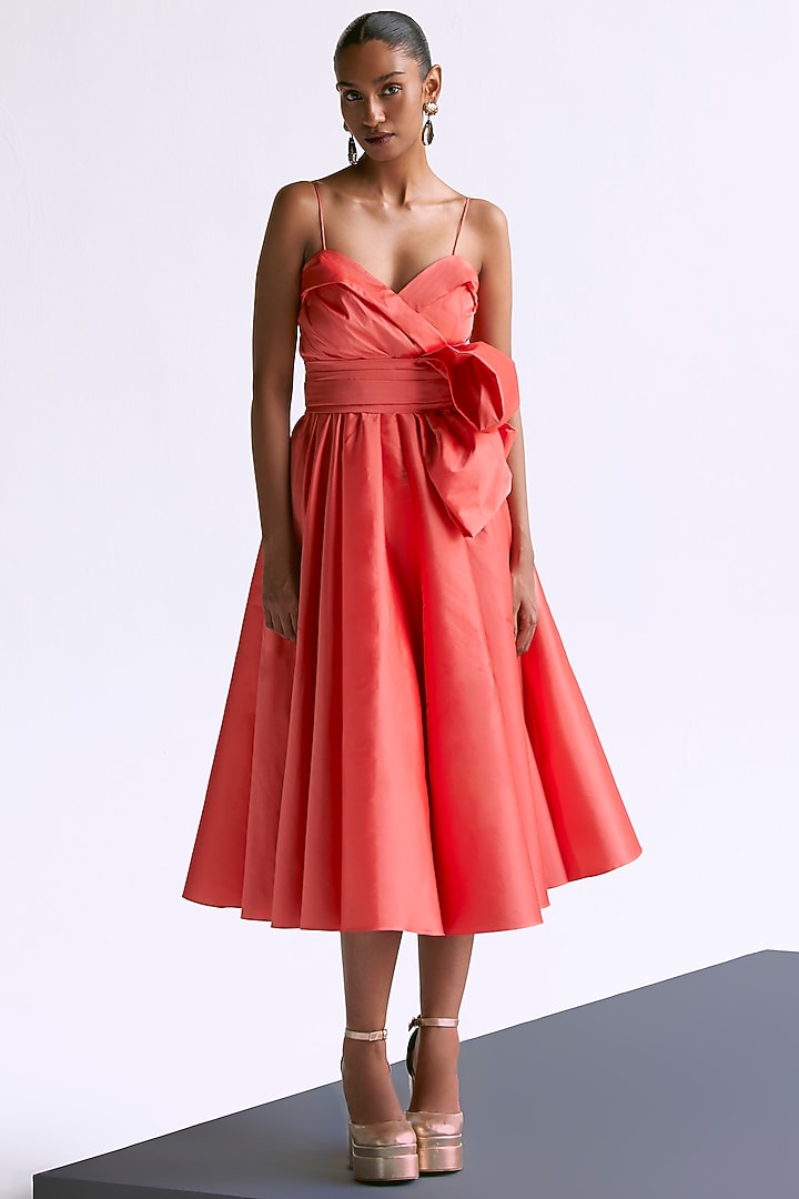 Peach Taffeta Midi Vacation Dress With Bow Belt by Manika Nanda at Pernia's Pop Up Shop