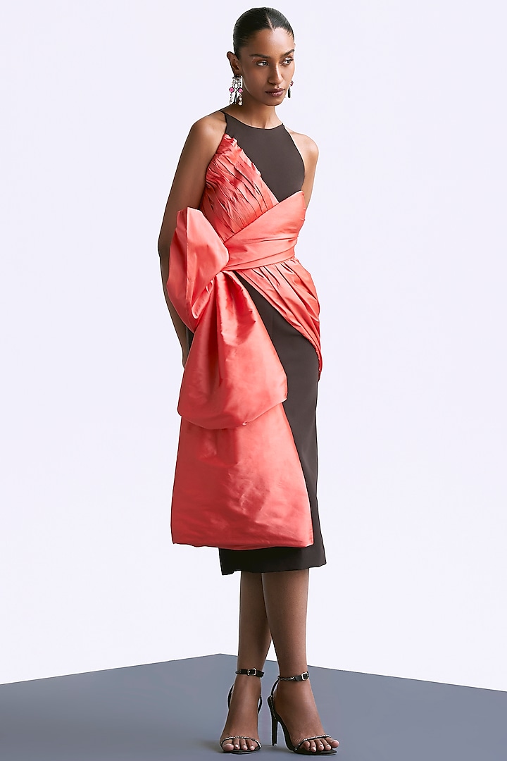 Deep Brown & Peach Taffeta Draped Bow Halter Dress by Manika Nanda at Pernia's Pop Up Shop