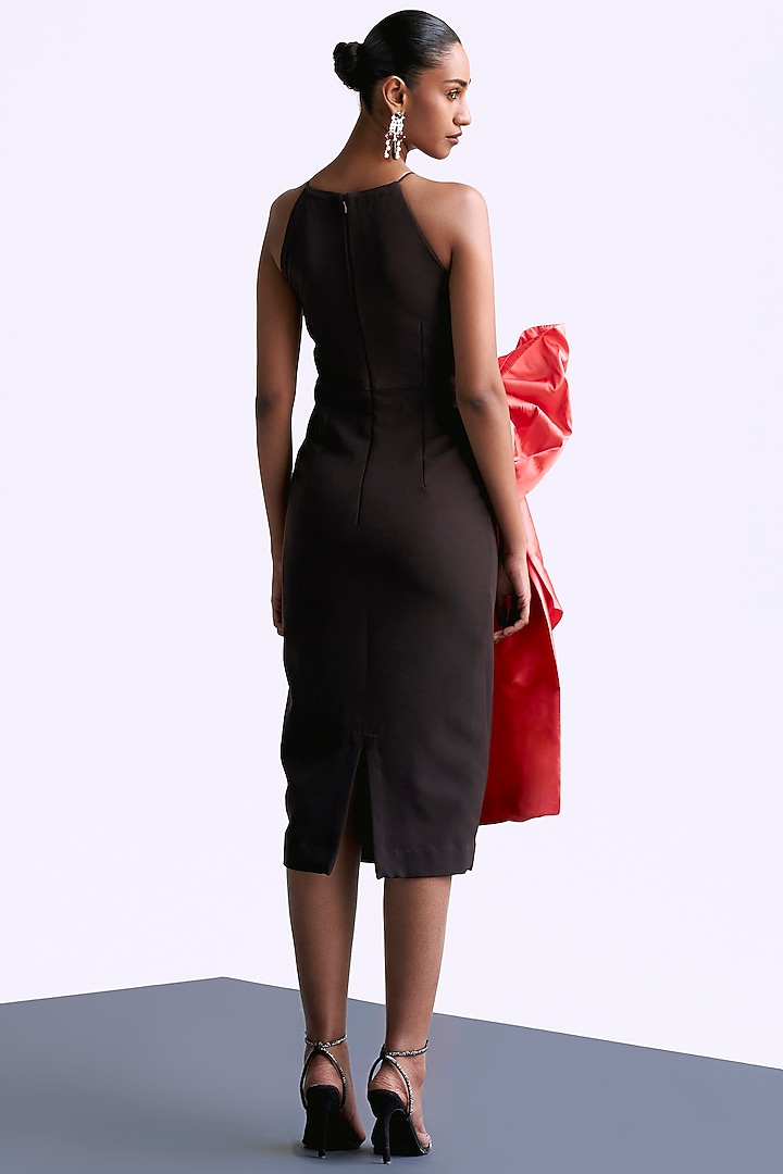 Deep Brown & Peach Taffeta Draped Bow Halter Vacation Dress by Manika Nanda at Pernia's Pop Up Shop