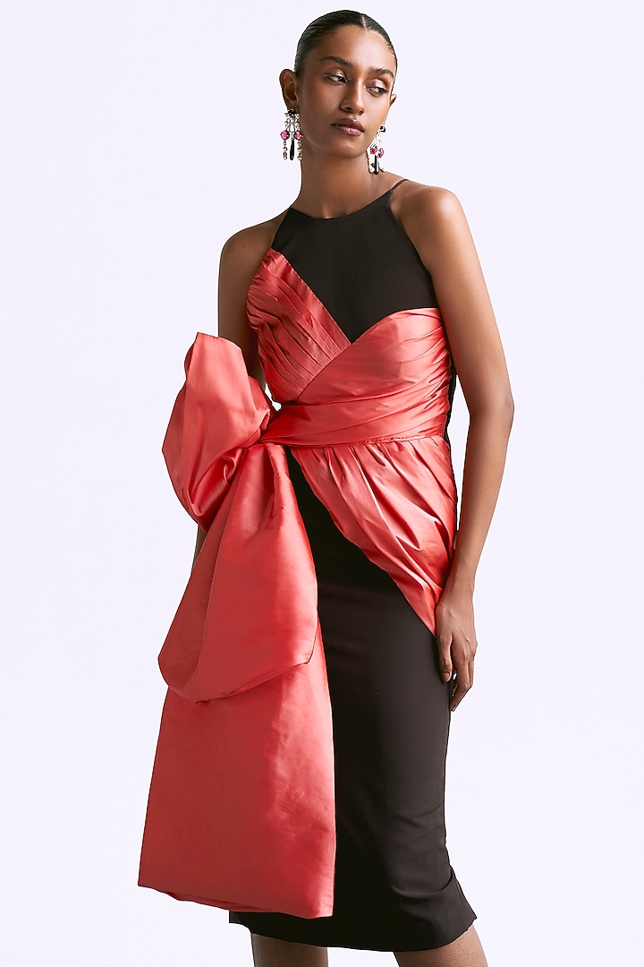 Deep Brown & Peach Taffeta Draped Bow Halter Vacation Dress by Manika Nanda at Pernia's Pop Up Shop