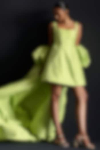 Soft Lime Green Taffeta Mini Skater Dress With Cape by Manika Nanda at Pernia's Pop Up Shop