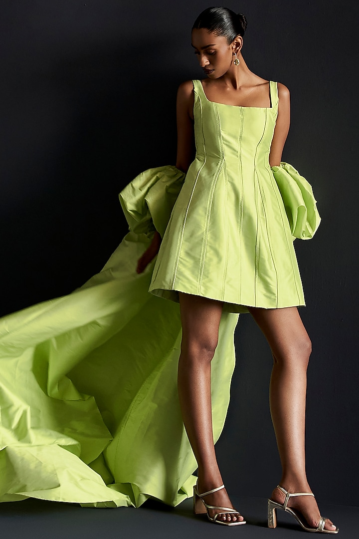 Soft Lime Green Taffeta Mini Skater Dress With Cape by Manika Nanda at Pernia's Pop Up Shop