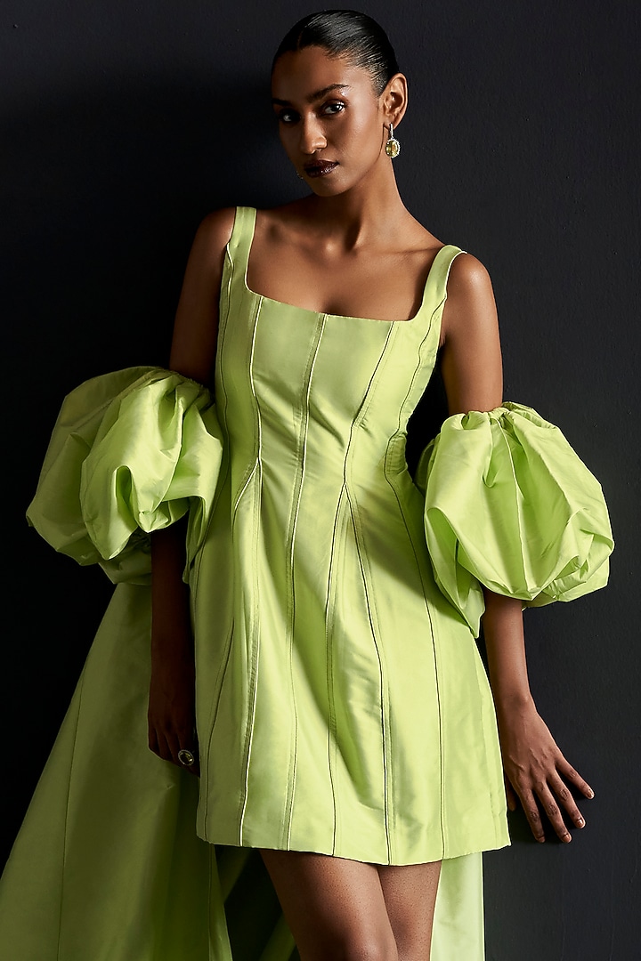 Soft Lime Green Taffeta Mini Skater Vacation Dress With Cape by Manika  Nanda at Pernia's Pop Up Shop 2026
