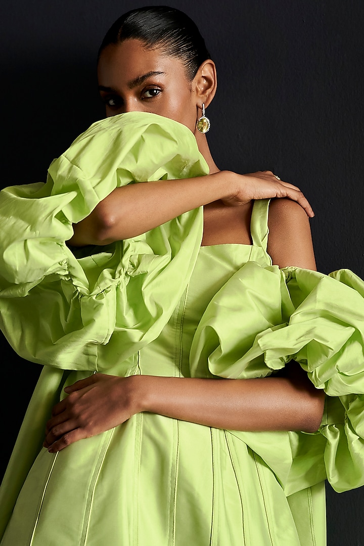 Soft Lime Green Taffeta Mini Skater Vacation Dress With Cape by Manika  Nanda at Pernia's Pop Up Shop 2026