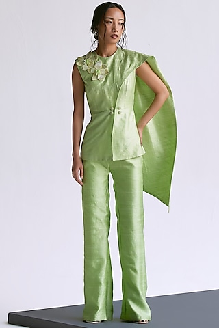 Mint Green Raw Silk 3D Floral Embroidered Draped Blazer Set by Manika Nanda