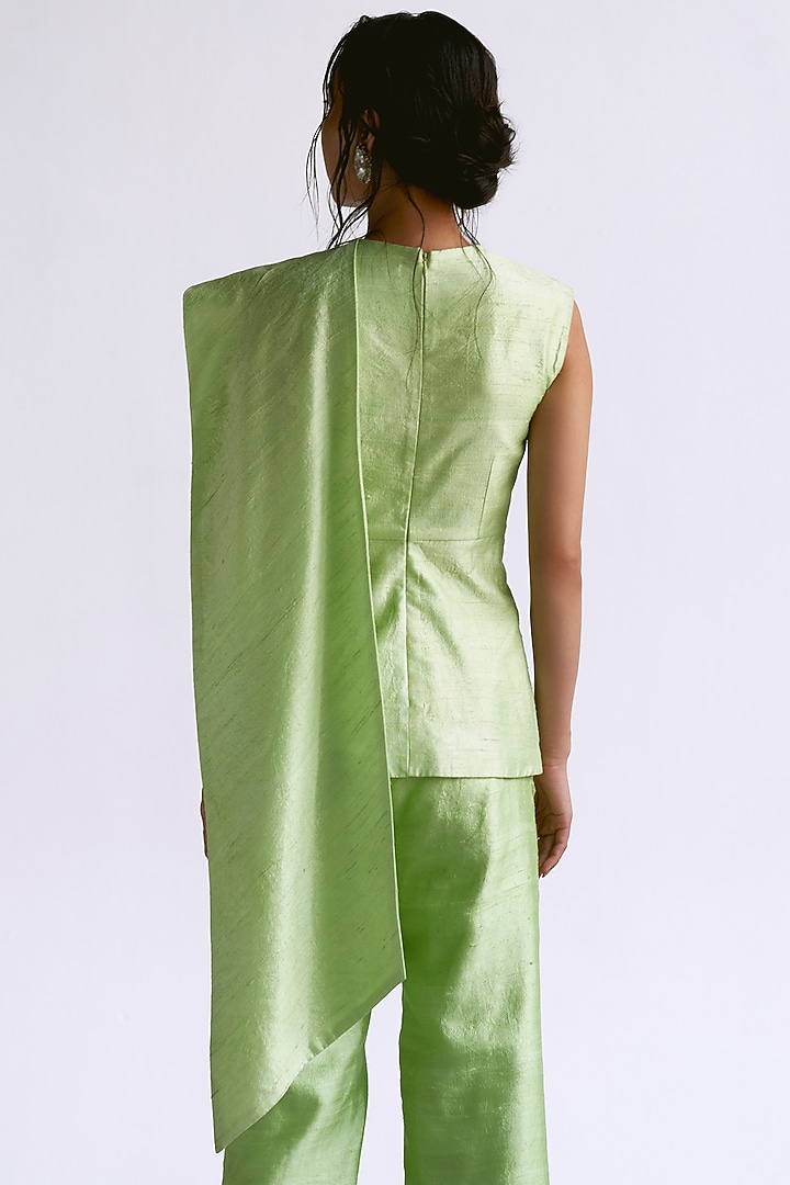 Mint Green Raw Silk 3D Floral Embroidered Draped Blazer Set by Manika Nanda at Pernia's Pop Up Shop