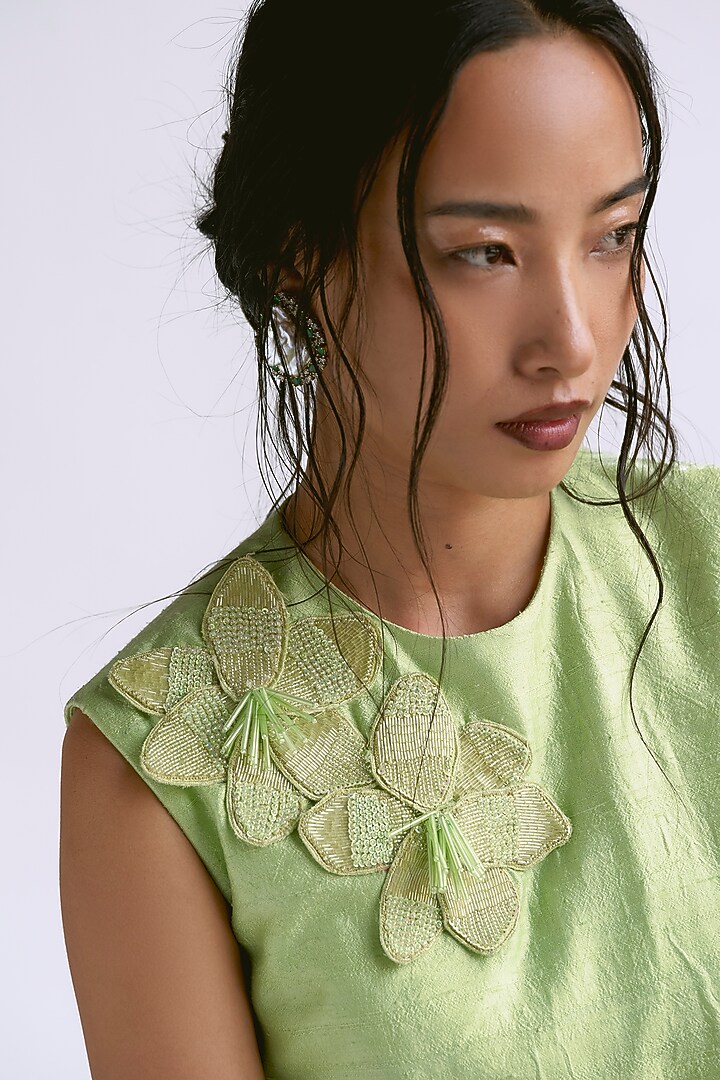 Mint Green Raw Silk 3D Floral Embroidered Draped Blazer Set by Manika Nanda at Pernia's Pop Up Shop