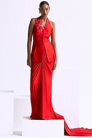 Flamingo Orange Raw Silk Draped Skirt Set by Manika Nanda
