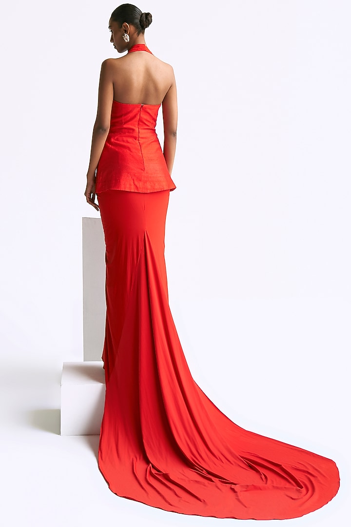 Flamingo Orange Raw Silk Draped Skirt Set by Manika Nanda at Pernia's Pop Up Shop