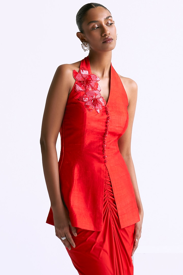 Flamingo Orange Raw Silk Draped Skirt Set by Manika Nanda at Pernia's Pop Up Shop