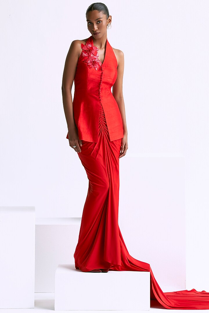 Flamingo Orange Raw Silk Draped Skirt Set by Manika Nanda at Pernia's Pop Up Shop