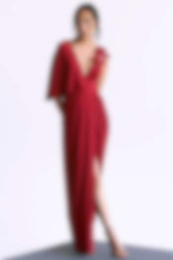 Deep Red Butter Lycra Draped Overlap Gown by Manika Nanda at Pernia's Pop Up Shop