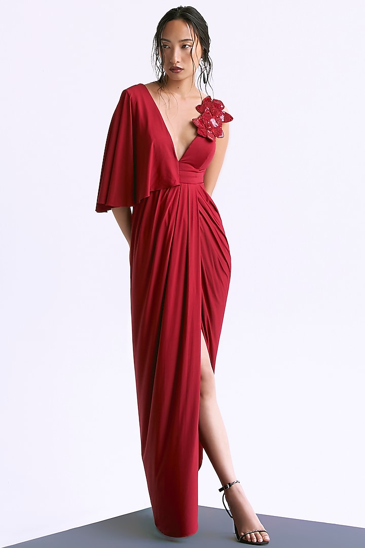 Deep Red Butter Lycra Draped Overlap Gown by Manika Nanda at Pernia's Pop Up Shop