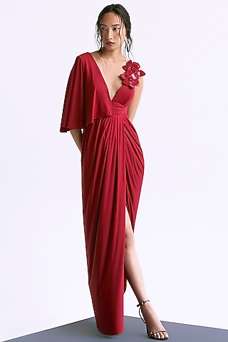 Deep Red Butter Lycra Draped Overlap Gown by Manika Nanda