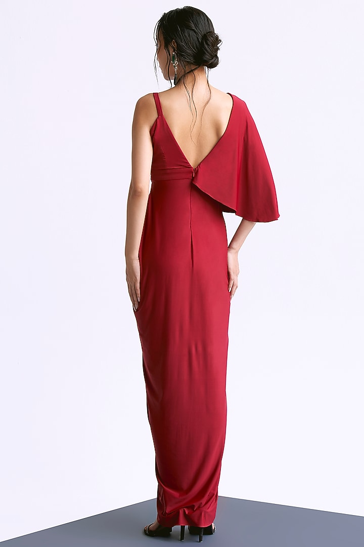 Deep Red Butter Lycra Draped Overlap Engagement Gown by Manika Nanda at Pernia's Pop Up Shop