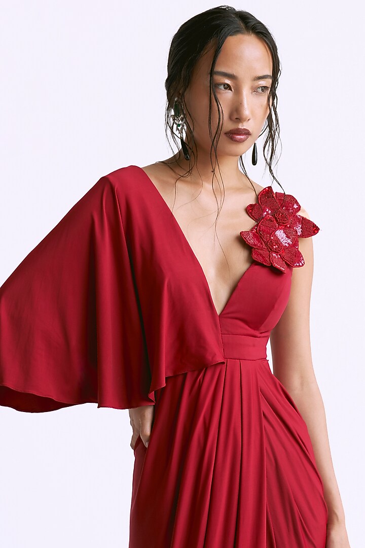 Deep Red Butter Lycra Draped Overlap Engagement Gown by Manika Nanda at Pernia's Pop Up Shop