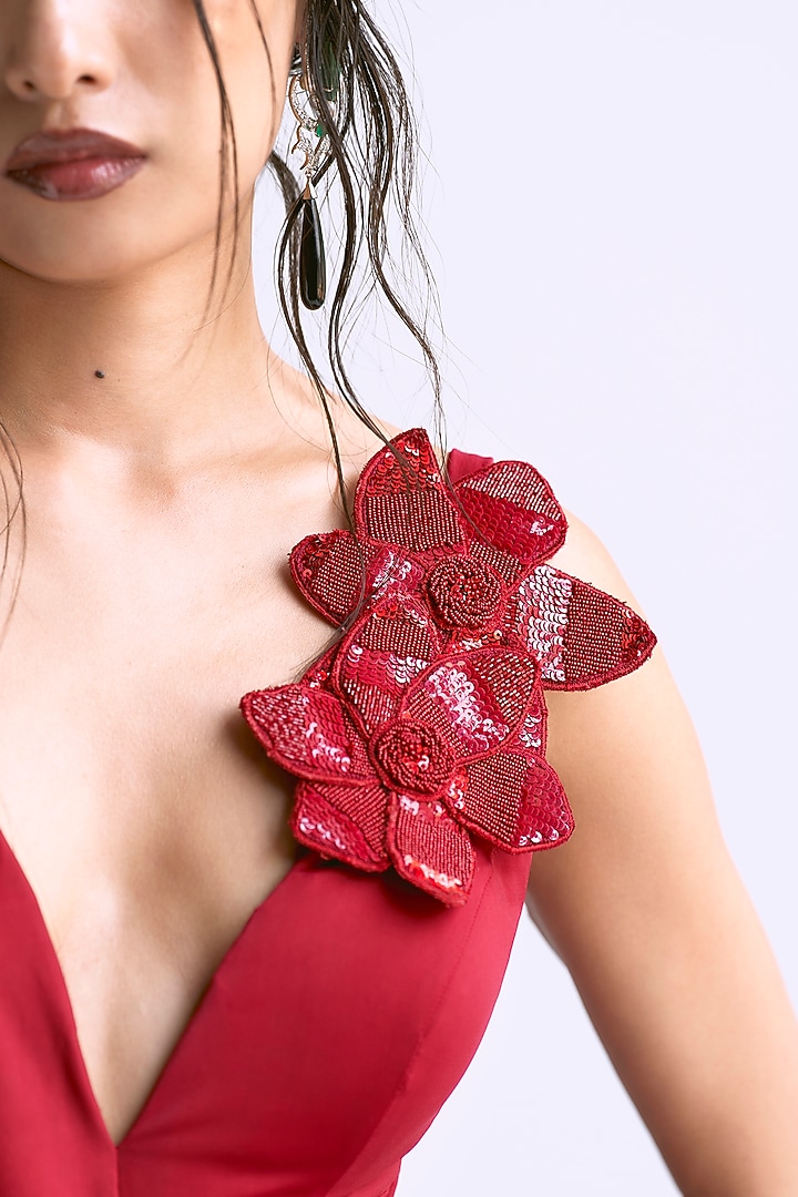 Deep Red Butter Lycra Draped Overlap Engagement Gown by Manika Nanda at Pernia's Pop Up Shop