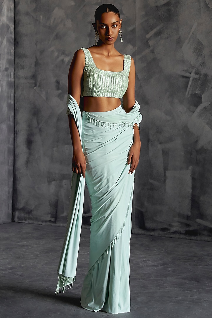 Powder Blue Raw Silk Embellished Draped Saree Set by Manika Nanda at Pernia's Pop Up Shop