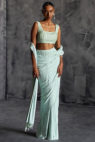 Powder Blue Raw Silk Embellished Draped Saree Set by Manika Nanda