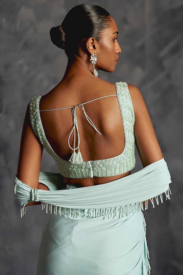 Powder Blue Raw Silk Embellished Draped Wedding Saree Set by Manika Nanda at Pernia's Pop Up Shop
