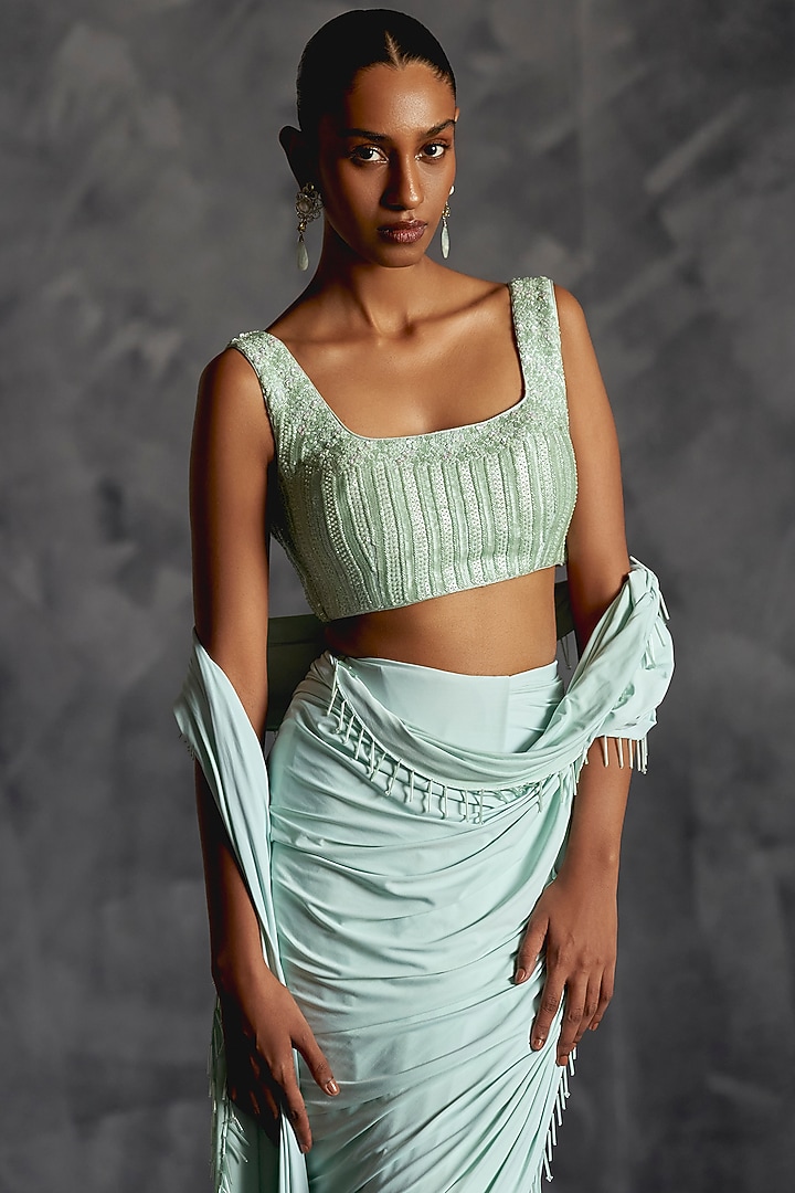 Powder Blue Raw Silk Embellished Draped Wedding Saree Set by Manika Nanda at Pernia's Pop Up Shop