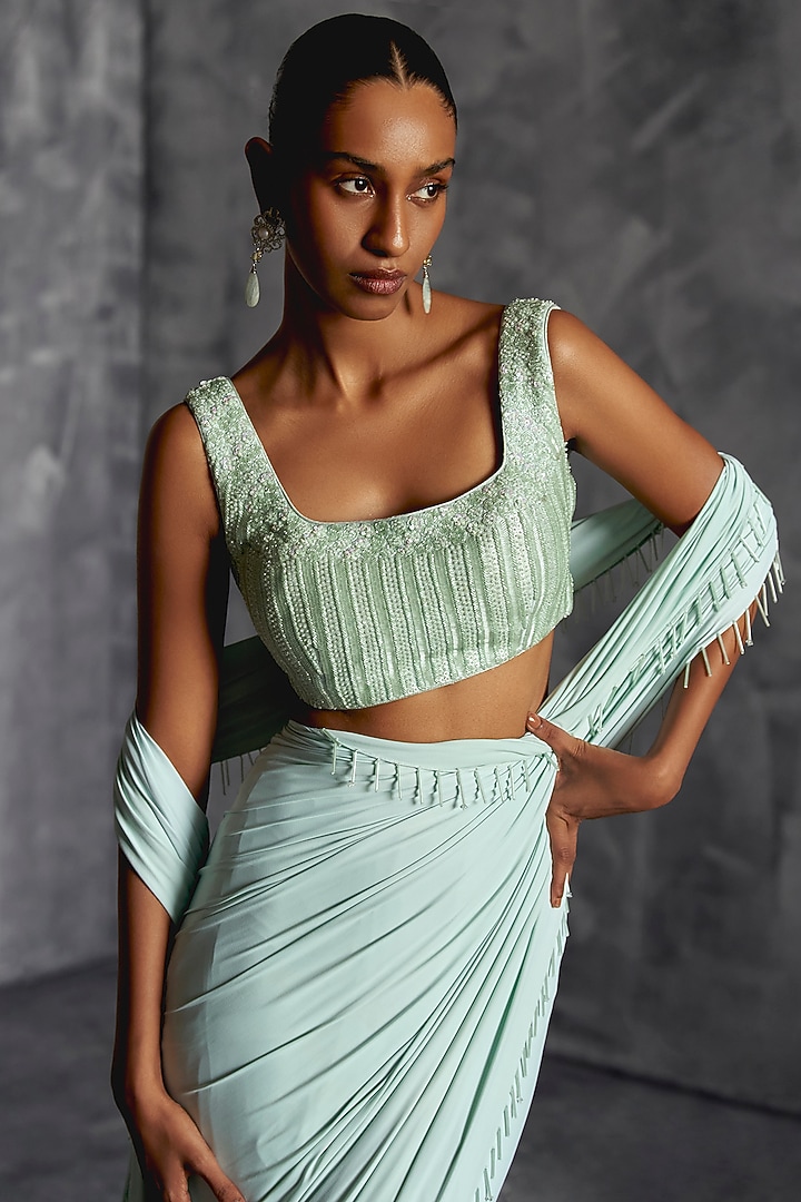 Powder Blue Raw Silk Embellished Draped Wedding Saree Set by Manika Nanda at Pernia's Pop Up Shop