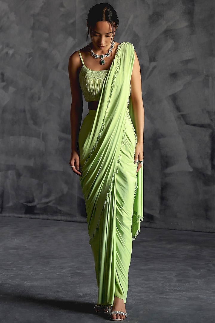 Mint Green Raw Silk Embellished Draped Saree Set by Manika Nanda at Pernia's Pop Up Shop