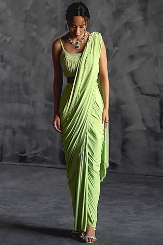 Mint Green Raw Silk Embellished Draped Saree Set by Manika Nanda