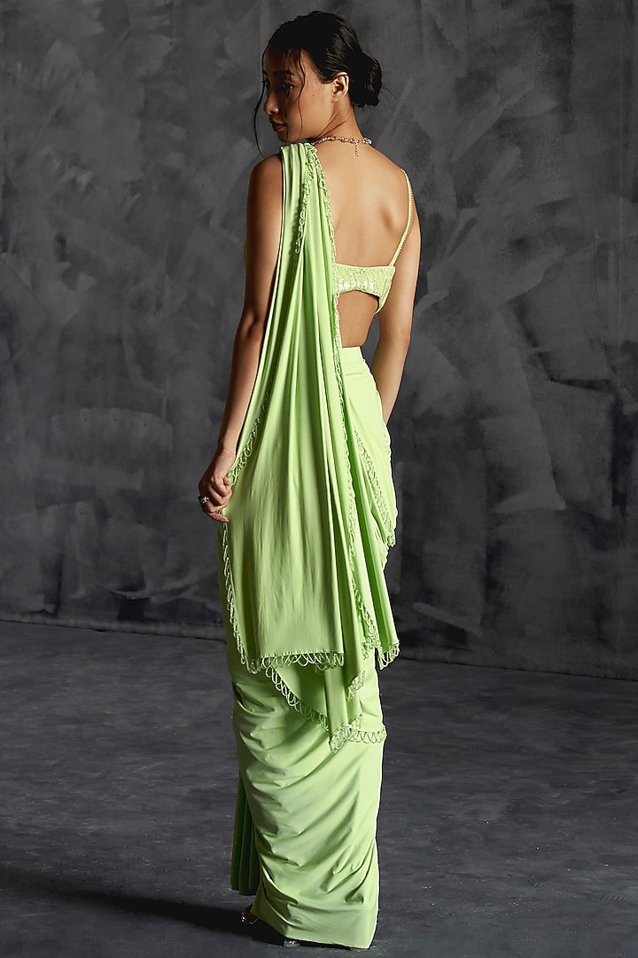 Mint Green Raw Silk Embellished Draped Wedding Saree Set by Manika Nanda at Pernia's Pop Up Shop