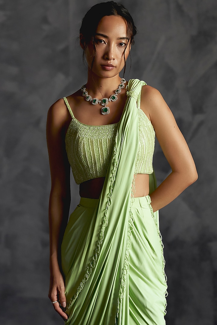 Mint Green Raw Silk Embellished Draped Wedding Saree Set by Manika Nanda at Pernia's Pop Up Shop