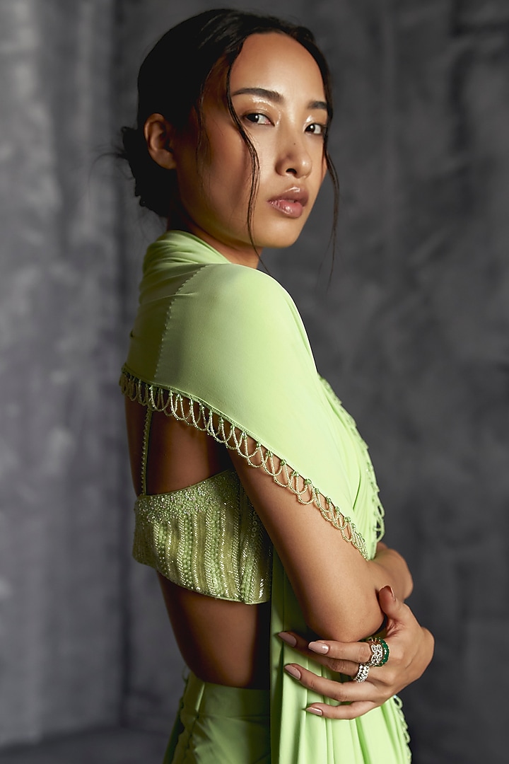 Mint Green Raw Silk Embellished Draped Wedding Saree Set by Manika Nanda at Pernia's Pop Up Shop