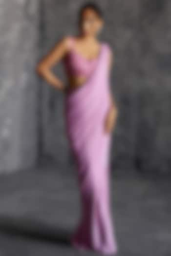 Lilac Raw Silk Motif Embroidered Draped Saree Set by Manika Nanda at Pernia's Pop Up Shop