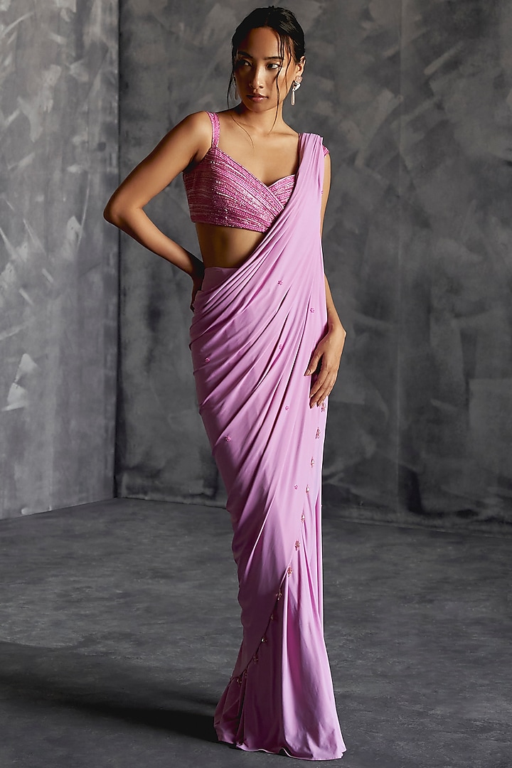 Lilac Raw Silk Motif Embroidered Draped Saree Set by Manika Nanda at Pernia's Pop Up Shop