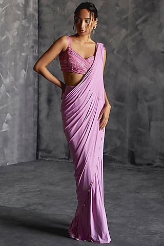 Lilac Raw Silk Motif Embroidered Draped Saree Set by Manika Nanda