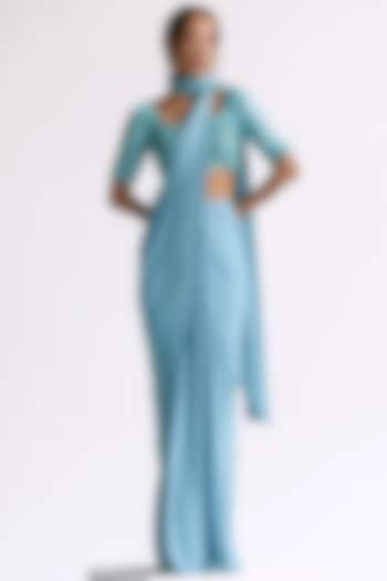 Sky Blue Raw Silk Embellished Draped Saree Set by Manika Nanda at Pernia's Pop Up Shop