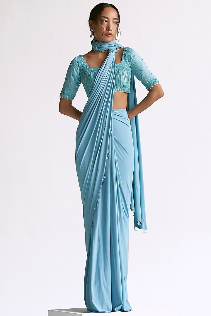 Sky Blue Raw Silk Embellished Draped Saree Set by Manika Nanda at Pernia's Pop Up Shop