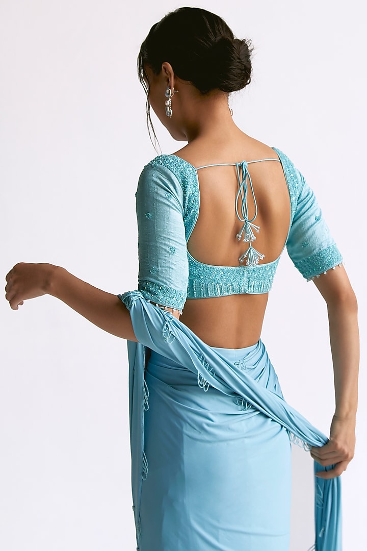 Sky Blue Raw Silk Embellished Draped Wedding Saree Set by Manika Nanda at Pernia's Pop Up Shop
