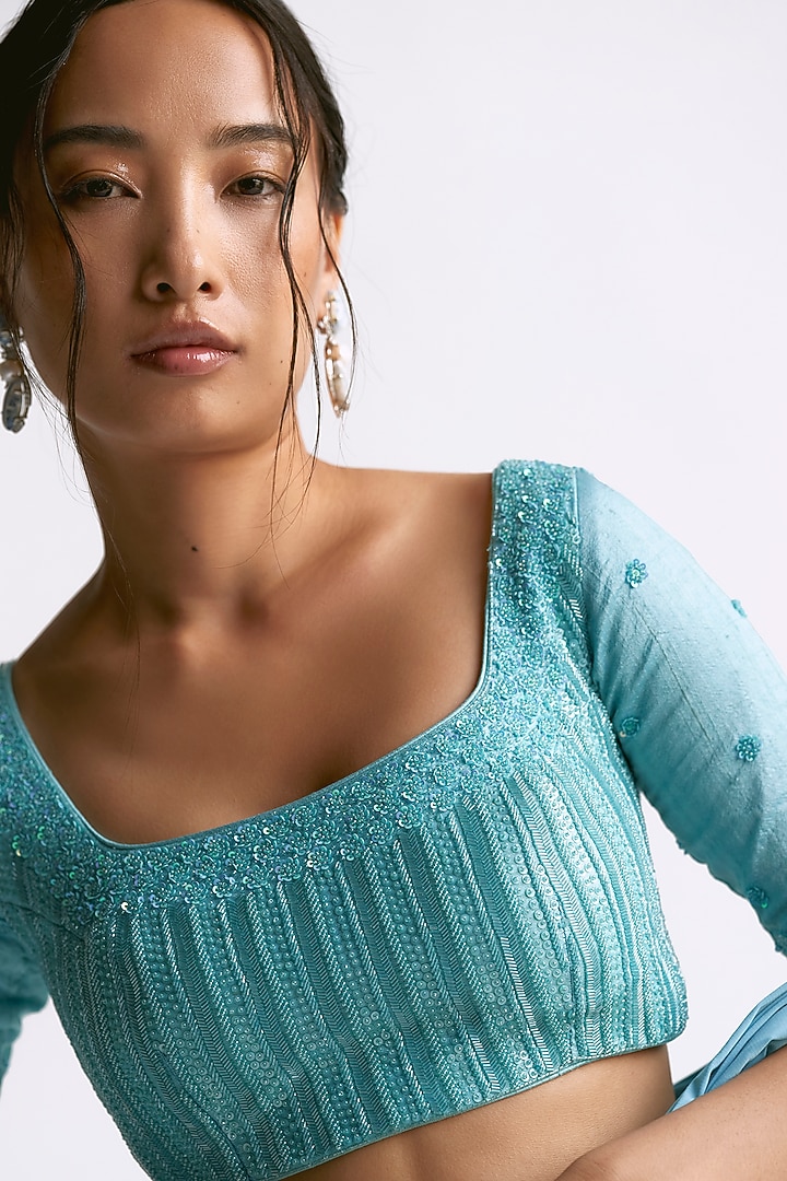 Sky Blue Raw Silk Embellished Draped Wedding Saree Set by Manika Nanda at Pernia's Pop Up Shop
