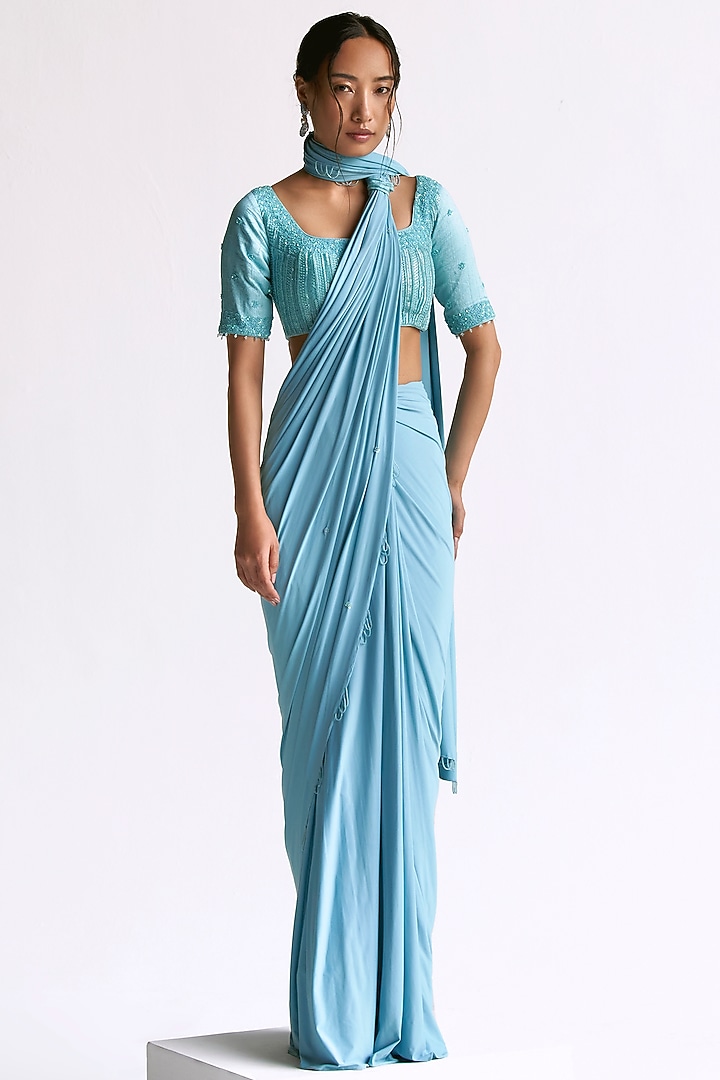 Sky Blue Raw Silk Embellished Draped Wedding Saree Set by Manika Nanda at Pernia's Pop Up Shop