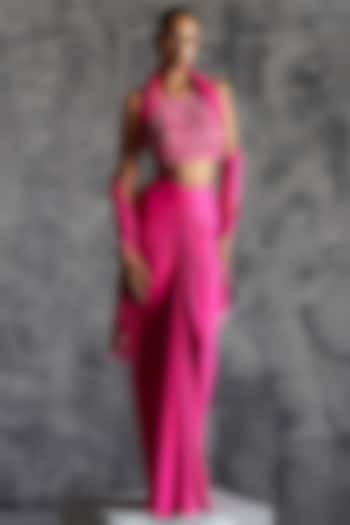 Hot Pink Raw Silk Gathered High-Waist Skirt Set by Manika Nanda