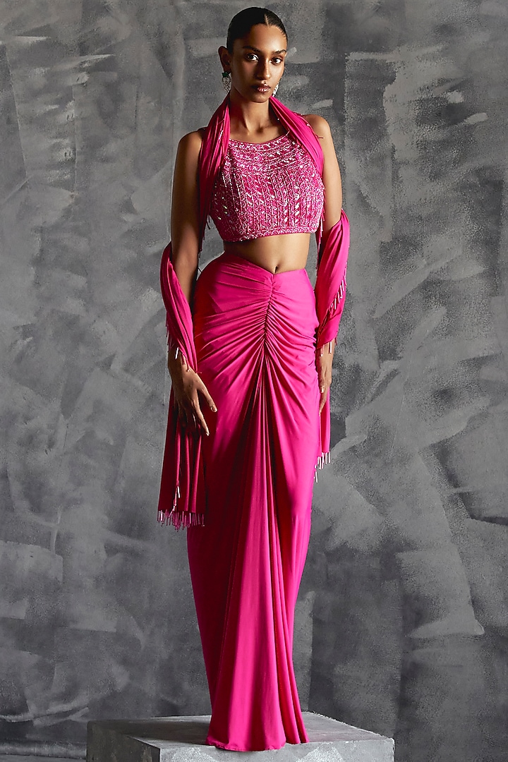 Hot Pink Raw Silk Gathered High-Waist Skirt Set by Manika Nanda